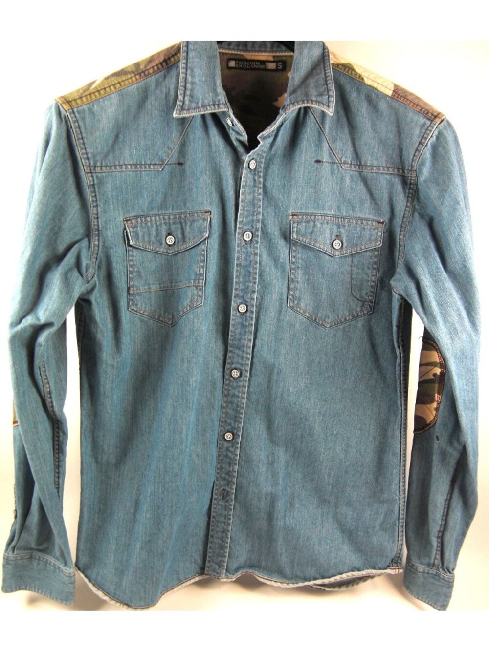 Foreign Exchange Men's Camo Button Denim Long Sleeve Shirt Size S